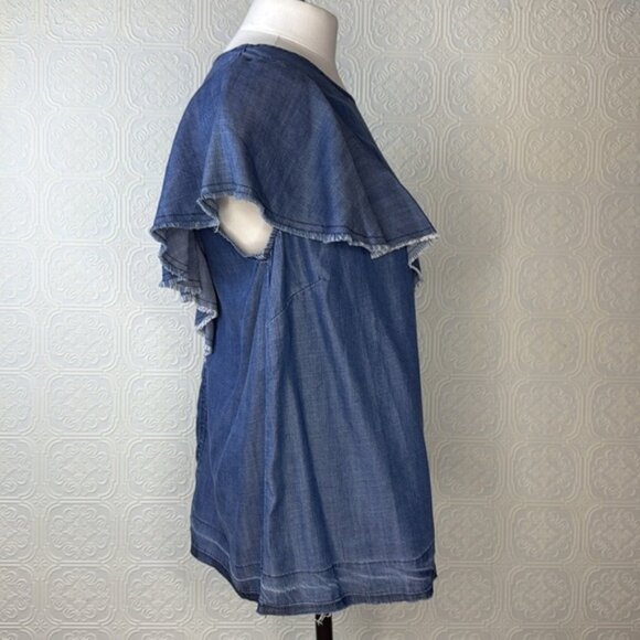 Bobeau Blue Denim Top with Frayed Sleeves - Picture 6 of 8